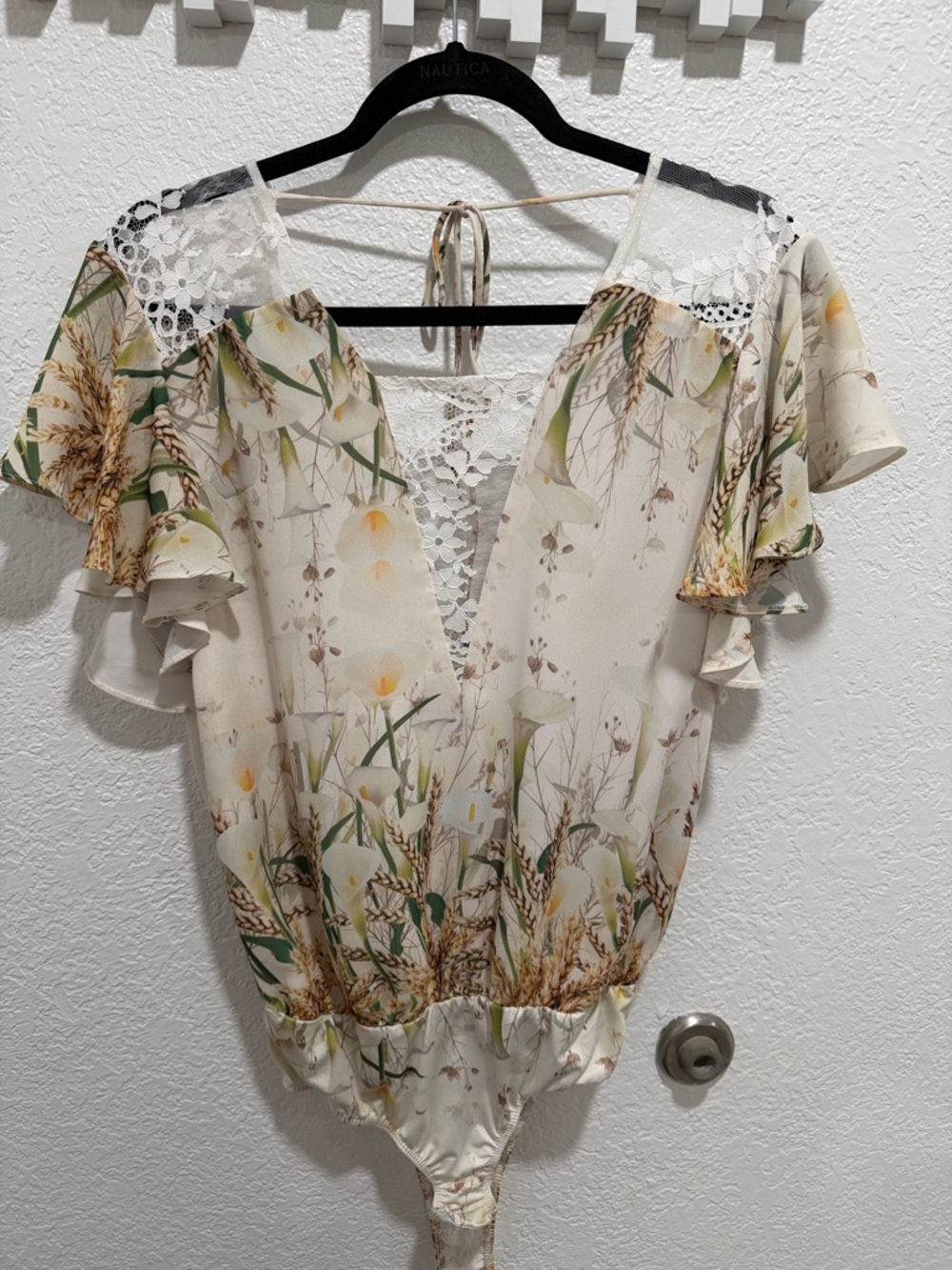 Floral Lace-Trim Cream Bodysuit